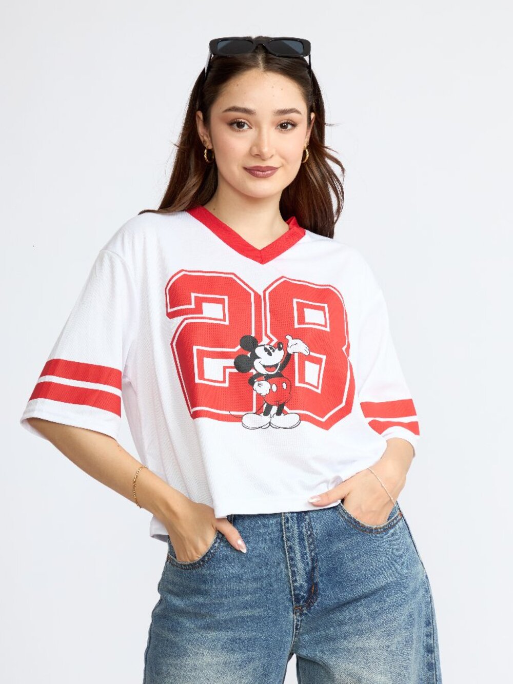 Disney Mickey Mouse Women’s Varsity Graphic Jersey T-Shirt, V-Neck